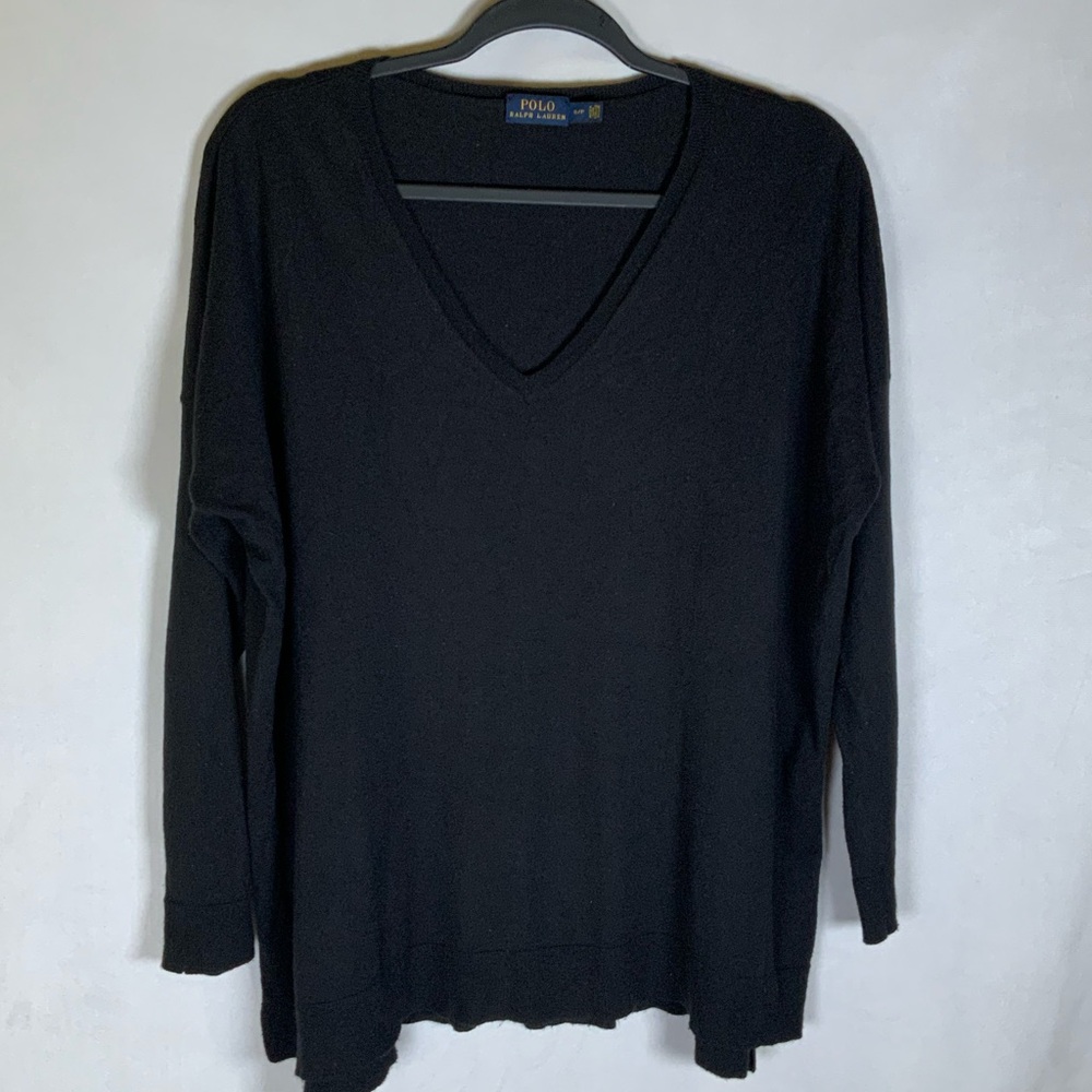 Polo Ralph Lauren Women’s Black V-Neck Tunic Sweater Wool Blend. Small Oversized